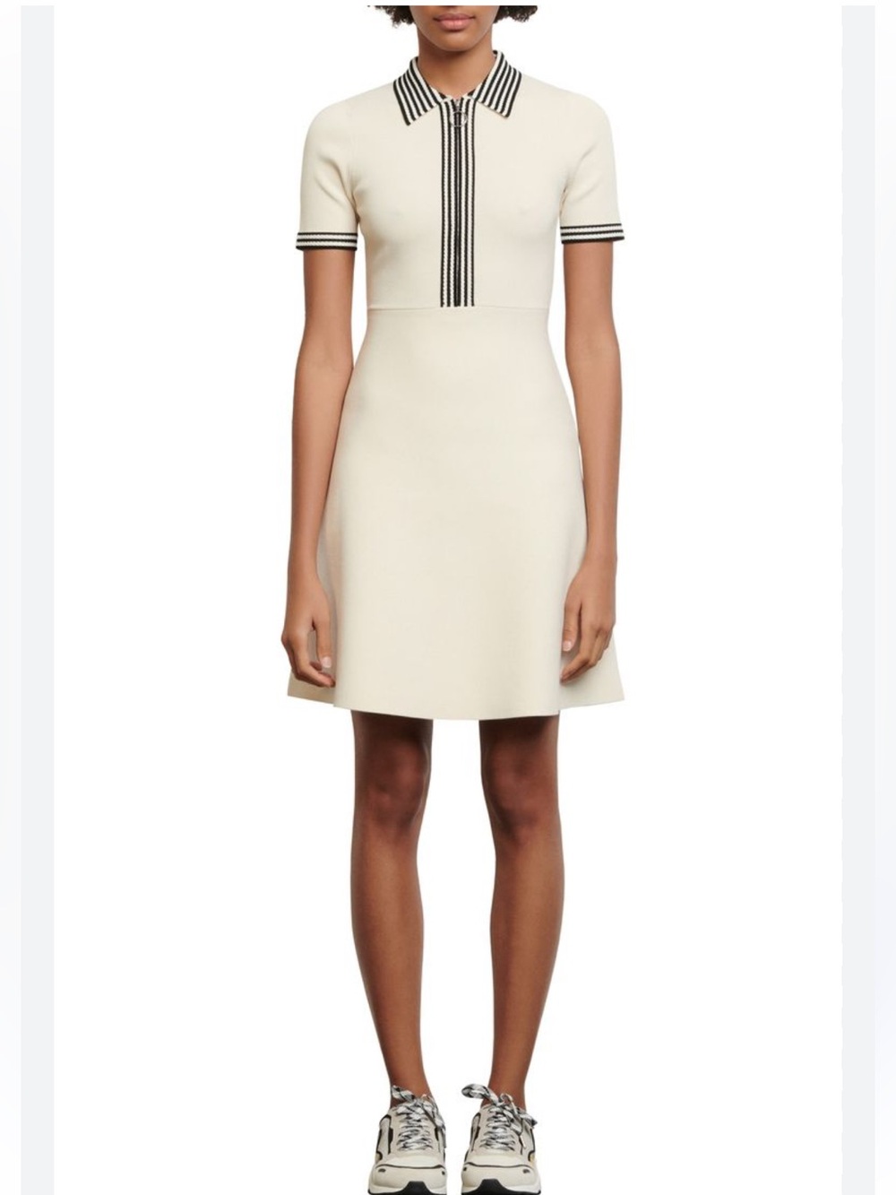 Sandro A-Line Paulsy  Polo-Knit Mini Dress with Black Details